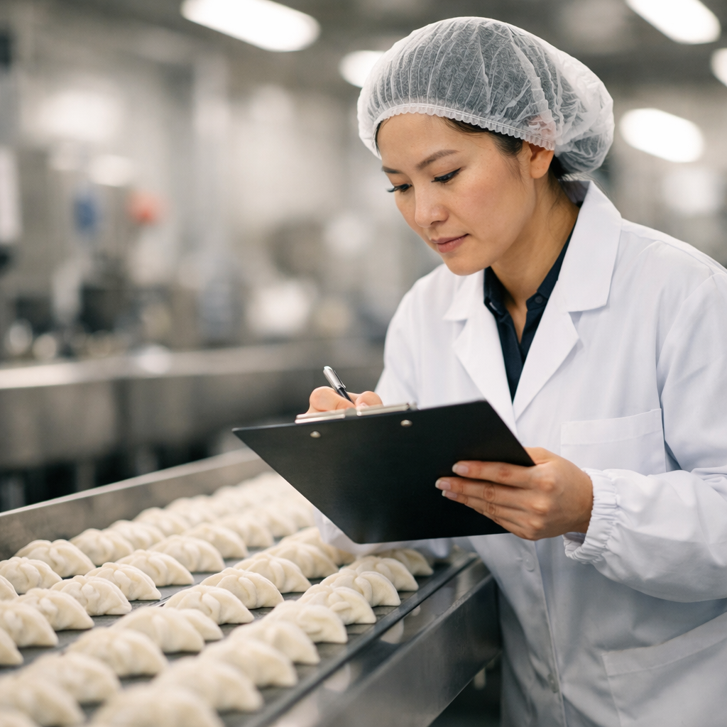 A professional quality control inspector in white lab coat and hairnet examining frozen Chinese dumplings on a stainless steel production line, holding a clipboard, with rows of perfectly formed dumplings on conveyor belt, bright clean factory lighting, shot with 50mm lens, f/2.8, shallow depth of field, highly detailed, photo style