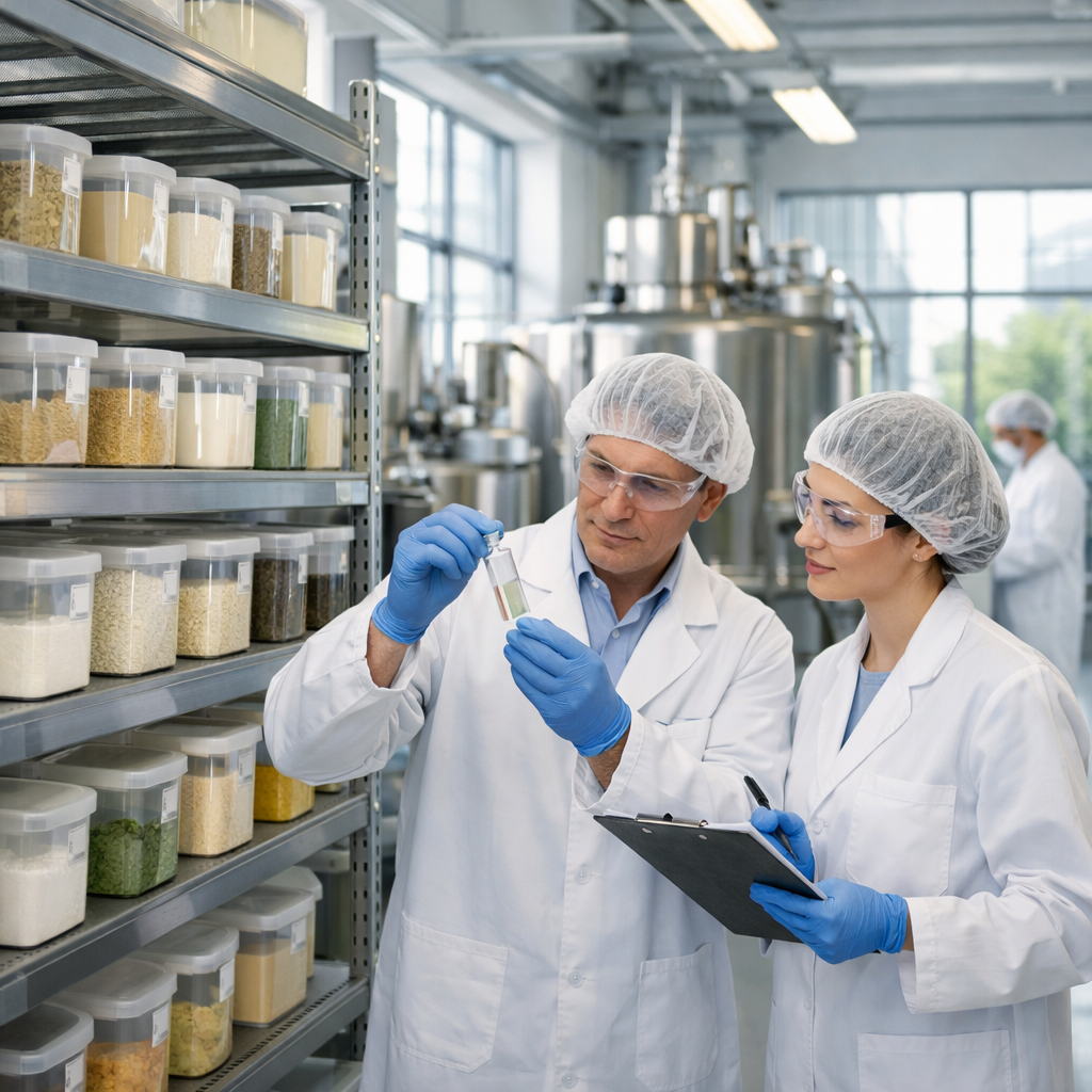 A modern pharmaceutical manufacturing facility interior showing organized ingredient storage with transparent containers on industrial shelving, natural light streaming through large windows, clean room environment with stainless steel equipment, professional workers in lab coats examining ingredient samples, shot with 35mm lens, f/4 aperture, bright and clean aesthetic, high detail