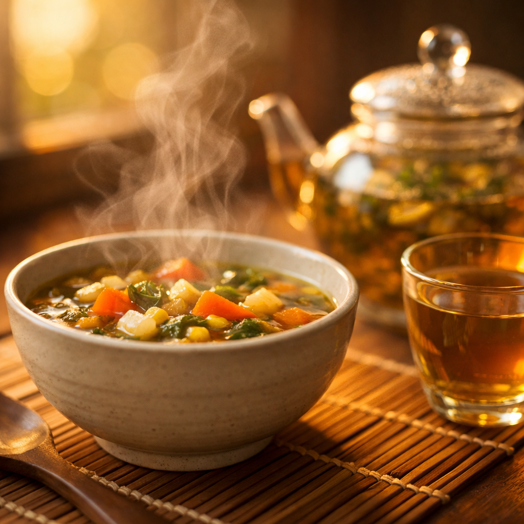 A peaceful dining scene showing a simple ceramic bowl of warm vegetable soup with steam rising, placed on a bamboo mat. Next to it, a cup of herbal tea in an elegant glass teapot. Soft golden hour lighting streams through a nearby window, creating a warm, inviting atmosphere. Shot with a macro lens at f/2.8 to capture intricate details of the soup and steam. The background is softly blurred with bokeh effect. Natural lighting emphasizes the comforting warmth of the scene. Photo style with warm tones and high detail.