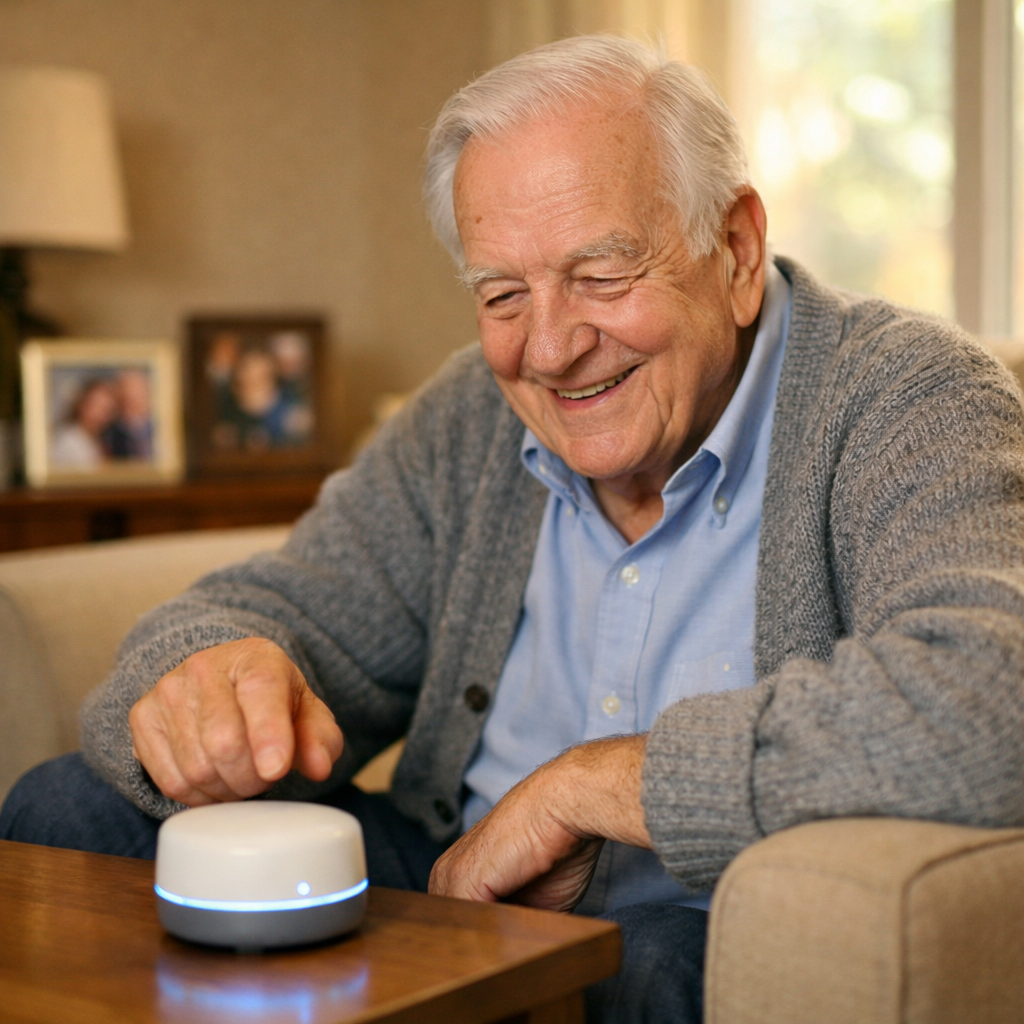 Photo of a cheerful elderly man in his 80s sitting comfortably in a modern living room, naturally interacting with a small, elegant AI device on the coffee table beside him. He's smiling and relaxed, with family photos visible in the soft-focus background. Shot with 35mm lens, f/1.8, warm interior lighting through window creating gentle shadows. The AI device has a minimal, friendly design with soft blue ambient light. Photo style with natural colors, cozy atmosphere, shallow depth of field. DSLR camera quality, highly detailed.
