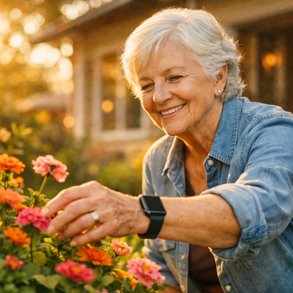 A warm, inviting photo of an active senior woman in her 70s wearing a sleek smartwatch, tending to her vibrant garden with confidence and joy. Shot with 50mm lens, f/2.8, natural golden hour lighting, shallow depth of field. The smartwatch is subtly visible on her wrist as she reaches for colorful flowers. Photo style with warm tones and soft bokeh effect in the background showing a cozy home. High detail, film grain texture.
