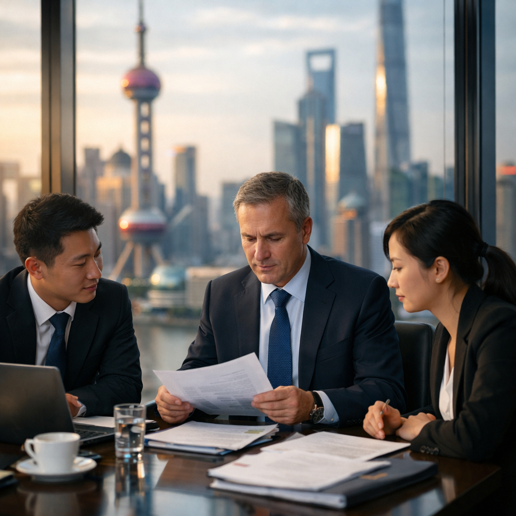 A professional business scene showing an international executive in a modern glass-walled conference room in Shanghai, reviewing corporate documents with Chinese legal advisors, dramatic lighting from floor-to-ceiling windows overlooking the city skyline, shot with 50mm lens, f/2.8, shallow depth of field, natural lighting, highly detailed, photo style