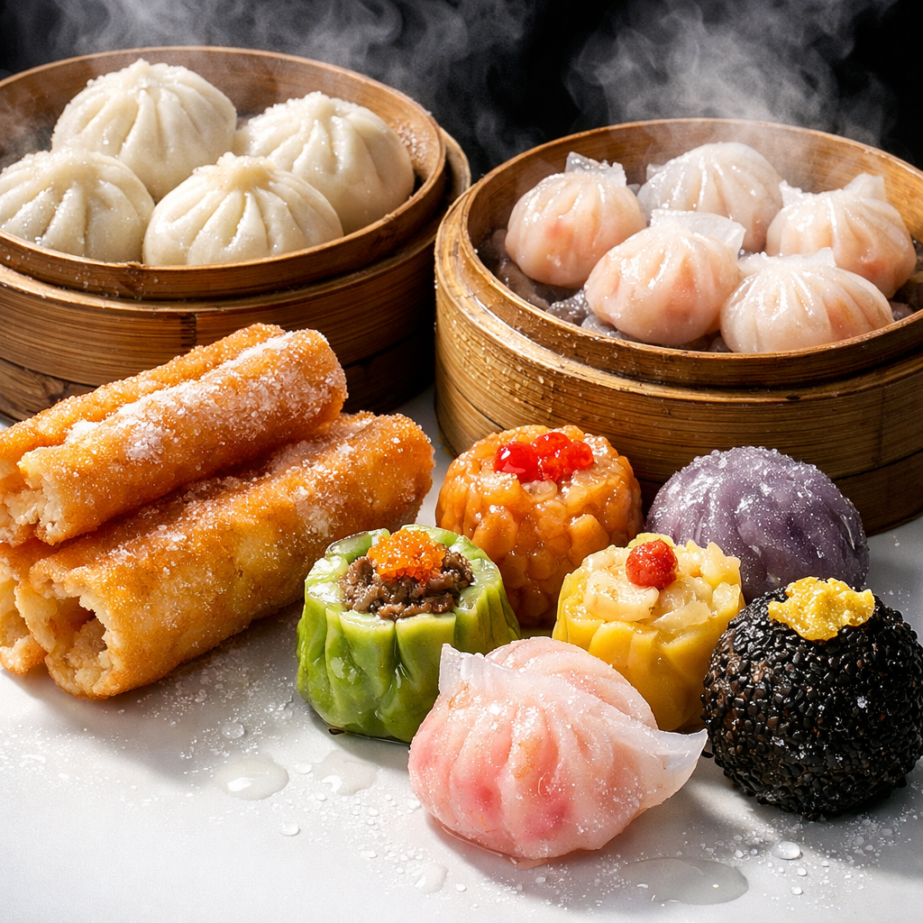 Professional commercial photograph of assorted frozen Chinese breakfast items arranged on a modern clean white surface, photo style, shot with macro lens at f/4, dramatic studio lighting. Steaming bamboo baskets filled with fluffy baozi showing soft pleated tops, delicate translucent har gow shrimp dumplings, golden crispy youtiao, and various colorful dim sum items, condensation droplets visible, high contrast lighting, intricate food details, glossy surfaces, commercial food photography style, sharp focus, highly detailed textures, professional presentation