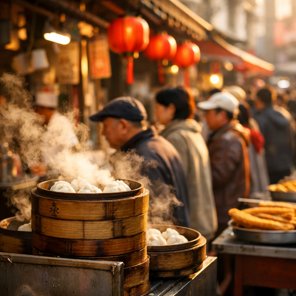 A vibrant and bustling traditional Chinese morning market scene in Shanghai, photo style, shot with 50mm lens at f/2.8, warm golden hour lighting. Street vendors with bamboo steamers releasing white steam, customers queuing for freshly made baozi and youtiao, colorful traditional breakfast stalls with red lanterns, shallow depth of field focusing on steaming dim sum baskets in foreground, authentic Chinese street food atmosphere, highly detailed textures, natural morning light, DSLR camera, warm tones, candid documentary style