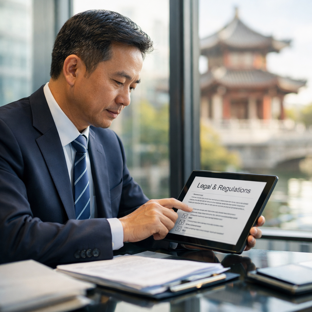 A professional business person reviewing legal documents and regulatory frameworks on a modern tablet device in a sleek corporate office, with subtle Chinese architectural elements visible through floor-to-ceiling windows in the background, natural lighting streaming in, shot with 50mm lens, f/2.8, shallow depth of field, photo style, highly detailed