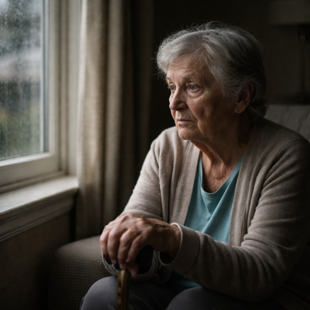 A photo-style image showing an elderly person sitting alone in a dimly lit room looking out a window with a sad expression, capturing the isolation and loss of independence that traditional care approaches can create. Shot with 50mm lens, f/2.8, natural lighting, somber atmosphere, high detail.