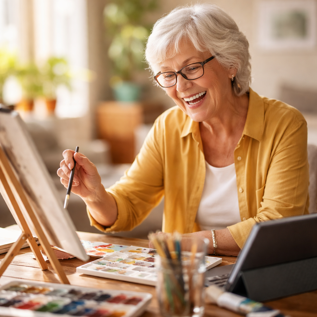 A photo-style image of a vibrant senior adult engaged in a creative or learning activity - perhaps painting, using a tablet for an online class, or working on a hobby project - with a joyful, engaged expression showing fulfillment and purpose. Bright natural lighting, shot with 35mm lens, f/2.8, warm tones, shallow depth of field, capturing genuine happiness and active engagement in later life.