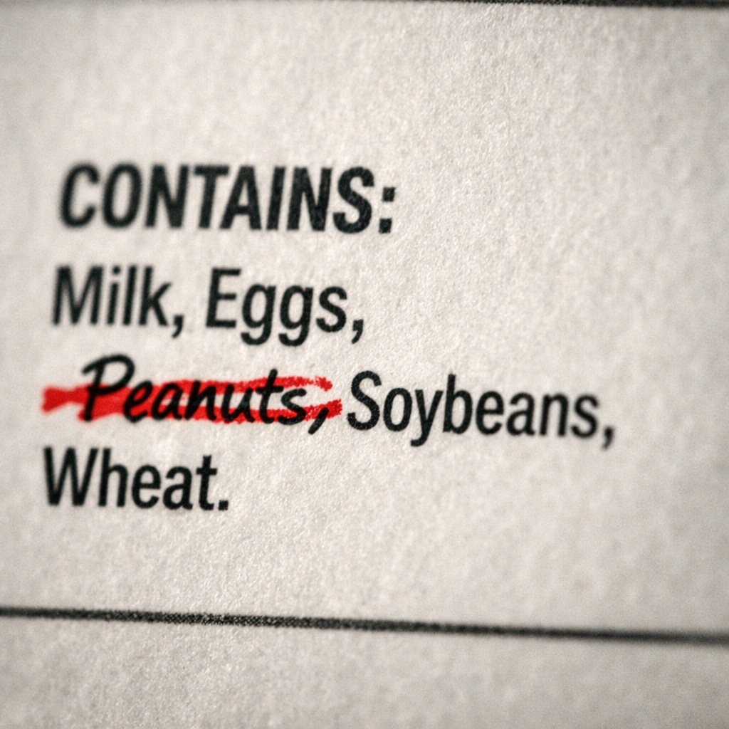 Close-up macro shot of a food product label showing detailed allergen declaration section, shot with 100mm macro lens at f/4, sharp focus on black text reading 'CONTAINS: Milk, Eggs, Soybeans, Wheat' with one ingredient conspicuously crossed out in red pen, natural window lighting from the side creating soft shadows, white product packaging background slightly out of focus, photo style with film grain texture, emphasizing the critical importance of complete allergen information