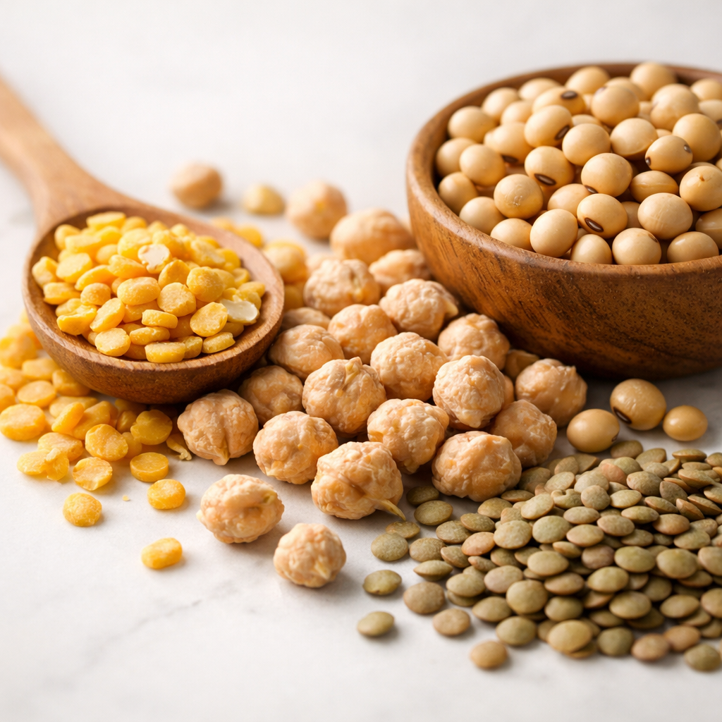 Close-up photo of diverse plant-based protein ingredients including yellow peas, chickpeas, soybeans and lentils arranged artistically on a clean white surface, with soft natural lighting from the side, shot with 50mm macro lens at f/2.8, highly detailed textures, food photography style