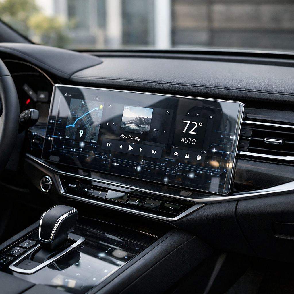 A modern car dashboard interior featuring a sleek transparent touchscreen display integrated into the center console, shot with a 35mm lens, showing the seamless glass surface with subtle circuit patterns visible beneath, natural cabin lighting, wide-angle view emphasizing the clean automotive design, high contrast, photo style