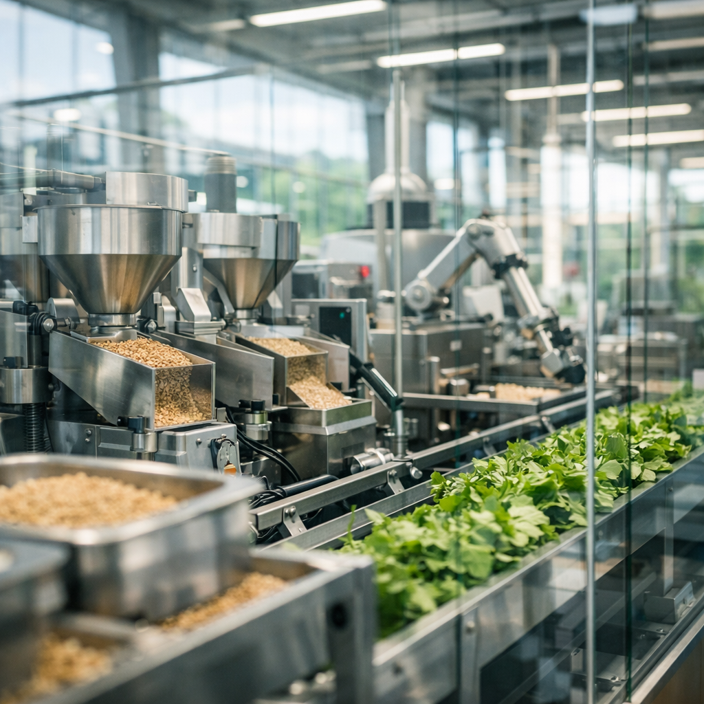 A modern food processing facility showcasing clean-label ingredient production, with transparent glass walls revealing automated systems processing natural ingredients like grains and plants, bathed in natural daylight, shot with 35mm lens, shallow depth of field, industrial photography style