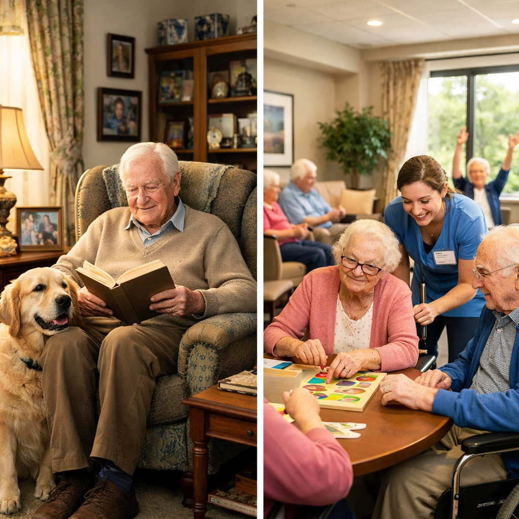 A split composition showing contrast between two senior care environments. Left side: a peaceful home setting where an elderly man in his 80s sits in his familiar armchair reading a book with his golden retriever beside him, surrounded by personal belongings and memorabilia. Right side: a well-lit assisted living facility common area with seniors engaged in group activities, showing structured but friendly interaction. Both sides are equally well-lit with natural lighting. Shot with a wide-angle lens to capture both environments. Photo style emphasizing the distinct atmospheres of personalized home care versus traditional facility care.