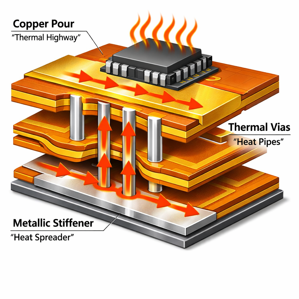 A detailed cross-sectional technical illustration of a flexible PCB showing three distinct thermal pathways: copper pours as wide golden highways, thermal vias as vertical silver channels connecting multiple layers, and metallic stiffeners as heat spreaders. The image should be in technical diagram style with clear labels, showing heat flow arrows in red-orange gradient moving through these pathways. Include a multi-layer flex PCB structure with polyimide substrate layers in amber color, copper layers in metallic gold, and a mounted high-power component on top generating heat waves visualized as radiant orange lines. Shot in isometric view with clean, professional engineering illustration aesthetic.