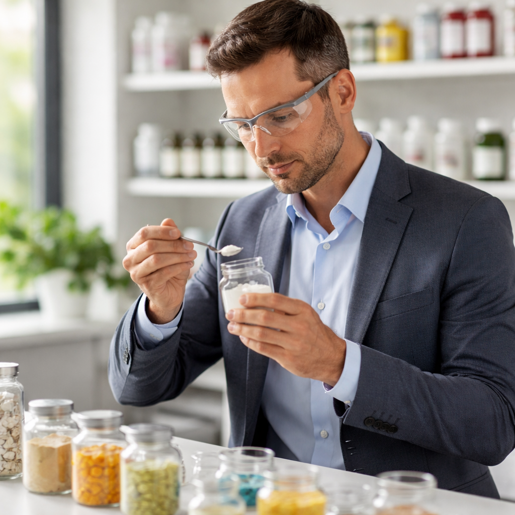 A professional food ingredient broker examining supplement ingredient samples in a modern laboratory setting, with organized shelves of premium vitamins and amino acids in the background, natural window lighting, shot with 50mm lens, f/2.8, shallow depth of field, photo style
