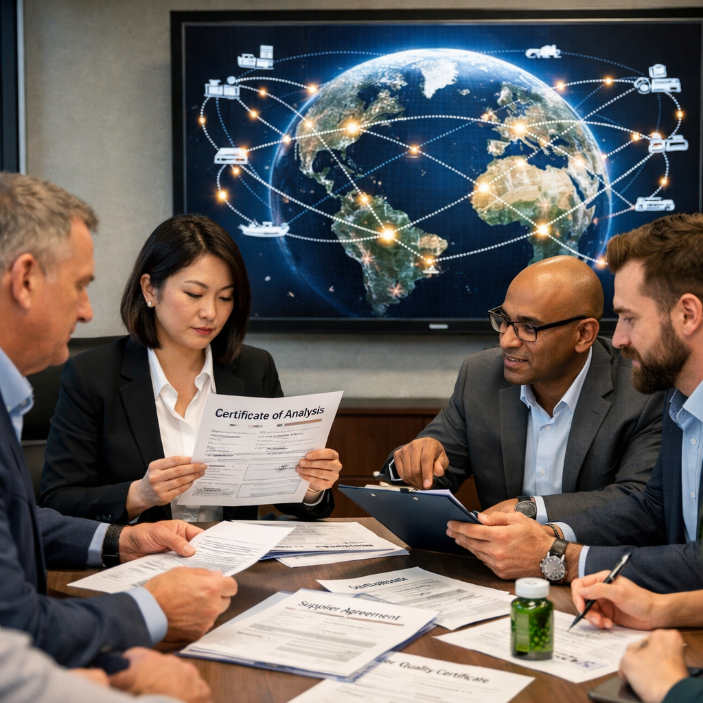 A strategic business meeting showing supplement manufacturers and ingredient brokers collaborating over supply chain documents and quality certificates, modern conference room with global supply network visualization on screen, professional lighting, shot with 35mm lens, photo style