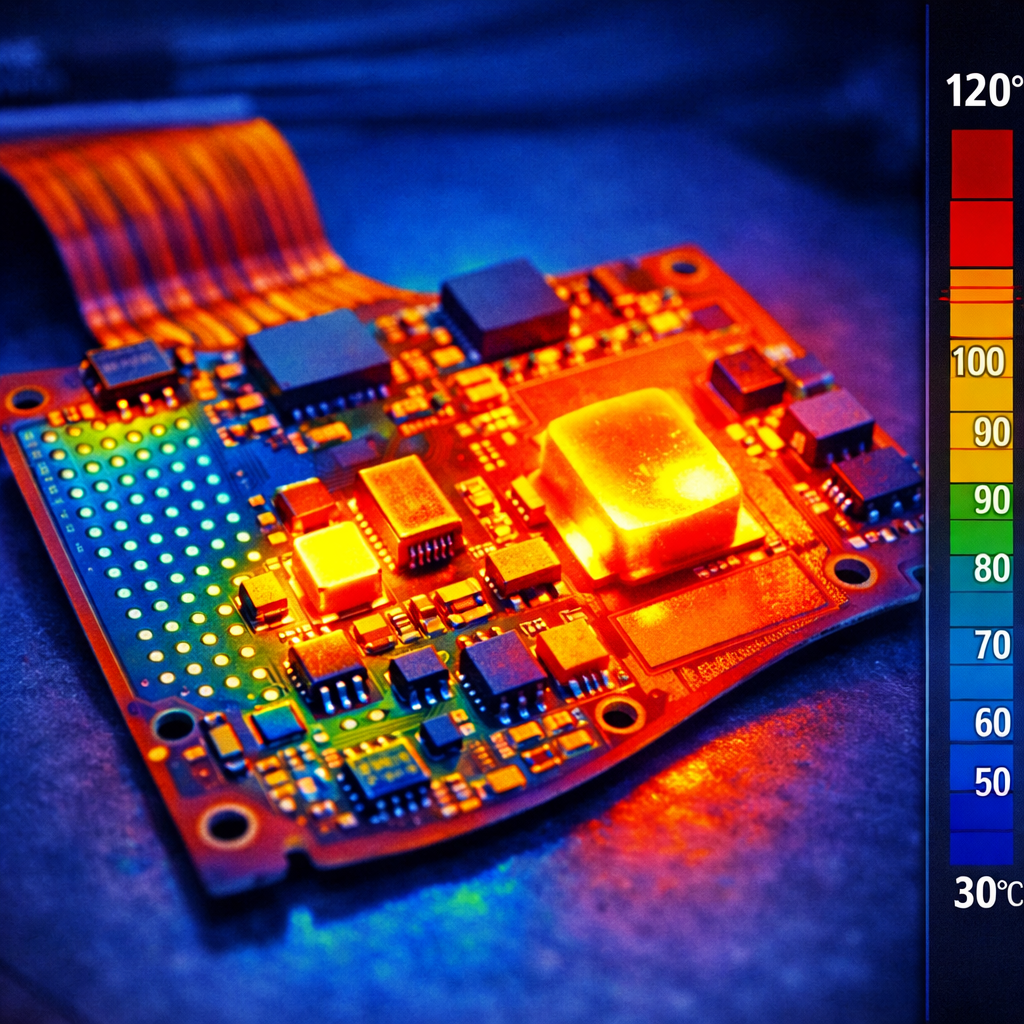 A thermal imaging photo style visualization showing a flexible PCB assembly under operation, with infrared heat signature overlay displaying temperature gradients from cool blue zones to hot red-yellow zones. The image shows multiple electronic components mounted on a flex PCB, with clear hotspots visible around power components. Include thermal vias pattern visible as cooler blue dots conducting heat away, copper heat spreaders showing as uniform orange areas, and proper component spacing preventing thermal coupling. Photo taken with infrared camera perspective, professional thermal testing environment, sharp detail showing both the physical PCB and the thermal overlay data. High contrast thermal map with temperature scale legend on the side showing range from 30°C to 120°C.