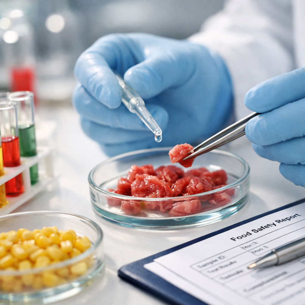 Close-up of a food quality control specialist's hands conducting laboratory testing on food samples, with test tubes, petri dishes, and compliance documentation visible on a clean white laboratory bench, photo style, macro lens, bright clinical lighting, shallow depth of field, highly detailed, f/2.8