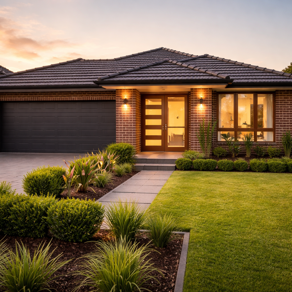 A modern Australian investment property, a well-maintained brick residential house with a neat front garden, photographed during golden hour with warm natural lighting. The property shows clear rental appeal with professional landscaping. Shot with wide-angle lens, rule of thirds composition, shallow depth of field focusing on the house facade. Photo style, high detail, real estate photography aesthetic, Canon EOS R5, f/2.8.