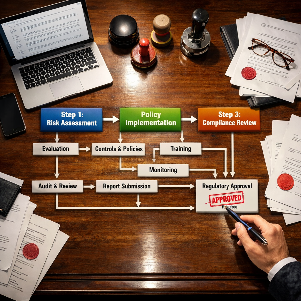 An overhead aerial view of a sophisticated organizational flowchart laid out on a large executive desk, showing interconnected boxes and arrows representing the three-step compliance process. The desk includes a laptop displaying regulatory documents, a smartphone, official stamps, legal paperwork with red approval seals, and a hand holding a pen pointing to a specific approval pathway. Photo style with dramatic overhead lighting creating subtle shadows, shot with wide-angle lens to capture the entire desk surface. High contrast and sharp details emphasize the systematic, methodical nature of regulatory navigation. Professional business environment with polished wood desk surface reflecting the documents.