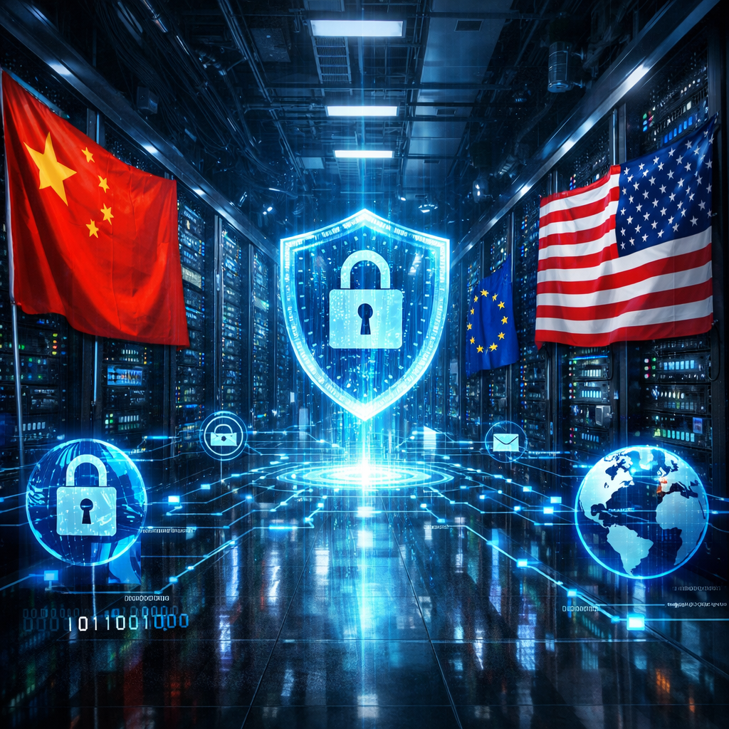 A modern data center environment with glowing servers and digital security elements, featuring Chinese and international flags, representing data localization and cross-border data transfer challenges. Photo style, shot with wide-angle lens, dramatic lighting with blue tones, high contrast, technology photography, highly detailed.