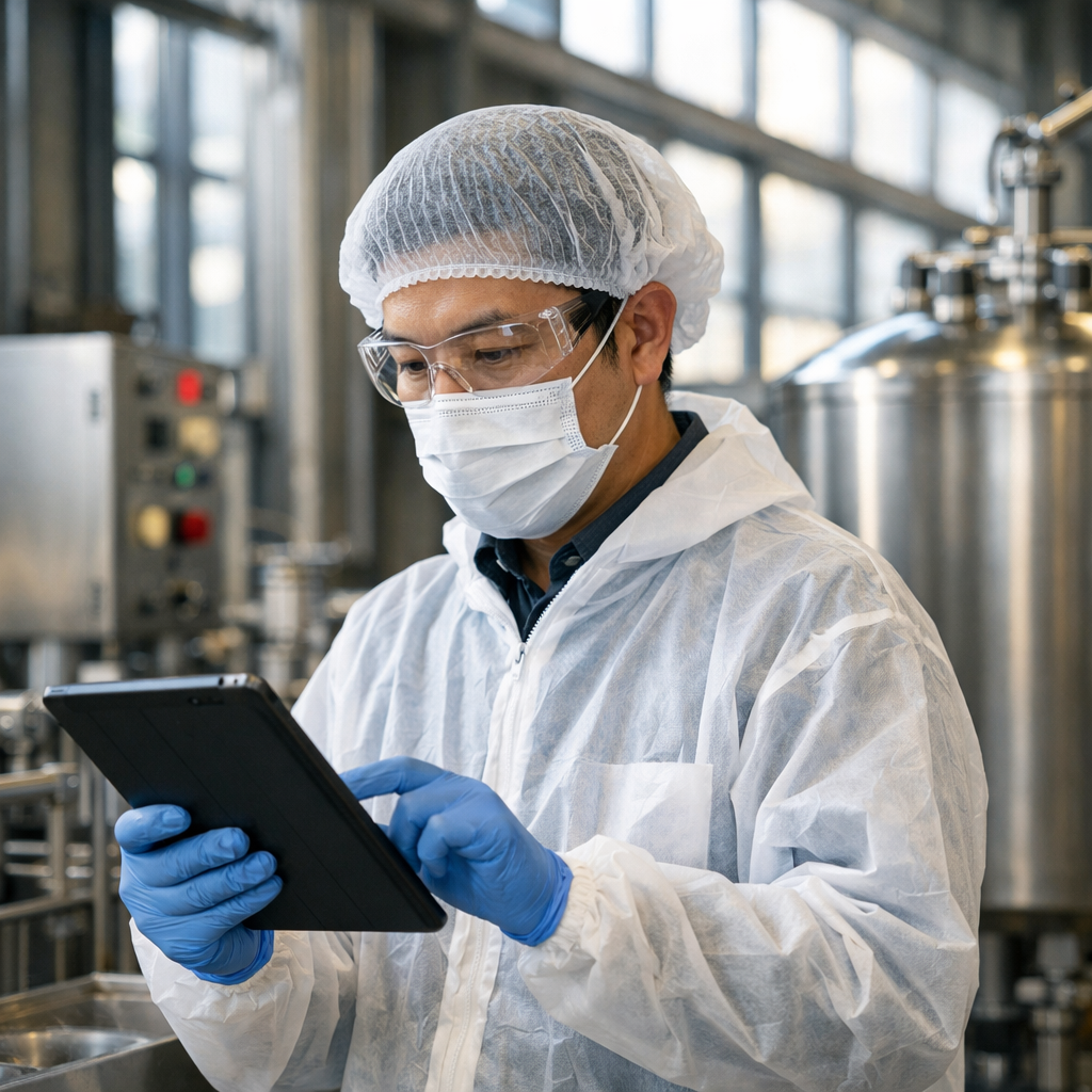A professional food safety inspector in protective gear conducting a detailed audit at a modern Chinese food processing facility, examining stainless steel equipment and checking documentation on a tablet, shot with 50mm lens, f/2.8, natural lighting through large industrial windows, high detail, photo style