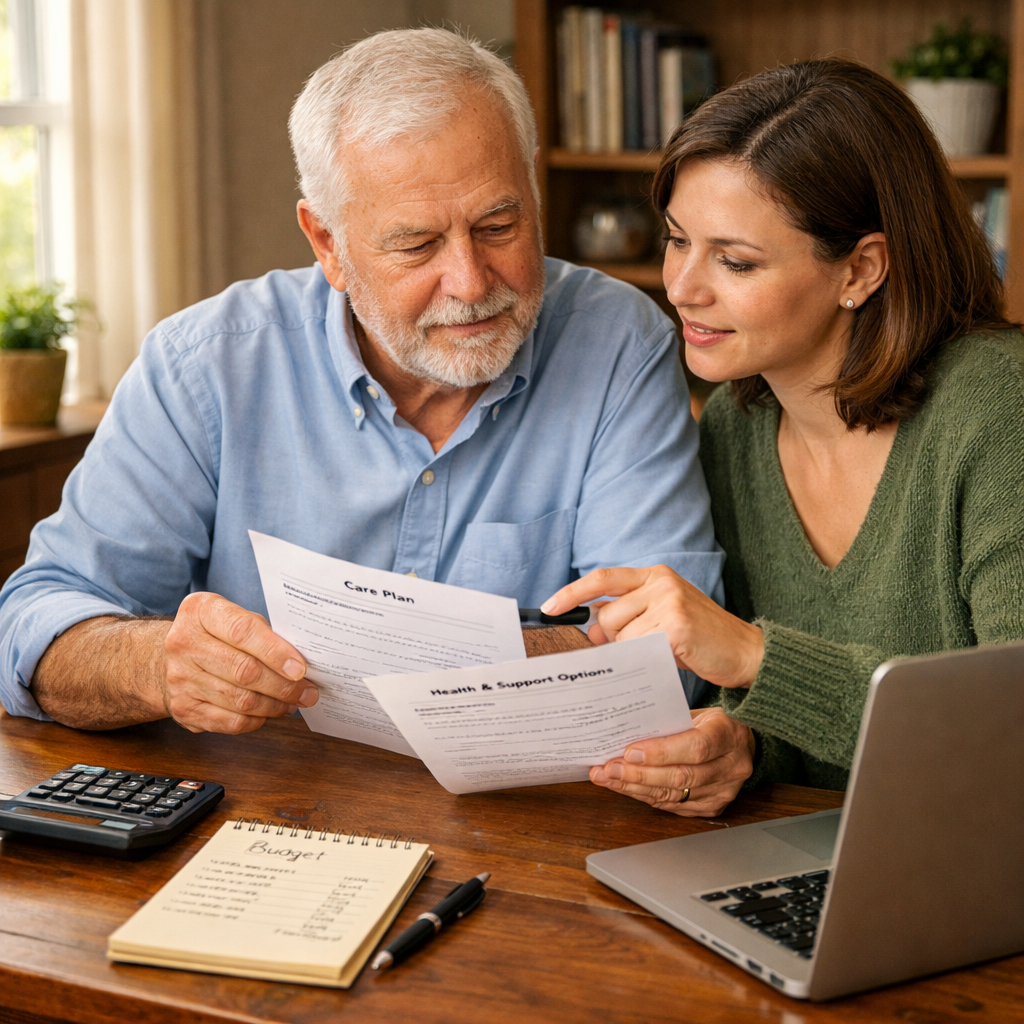 A cozy home office setting showing a senior man and his adult daughter reviewing care planning documents together at a wooden desk. Natural window lighting from the left, shot with 35mm lens, f/4. Calculator, notepad with budget notes, and laptop visible on desk. Both people appear calm and focused, discussing plans thoughtfully. Photo style, soft lighting, warm atmosphere, realistic home interior, high detail.