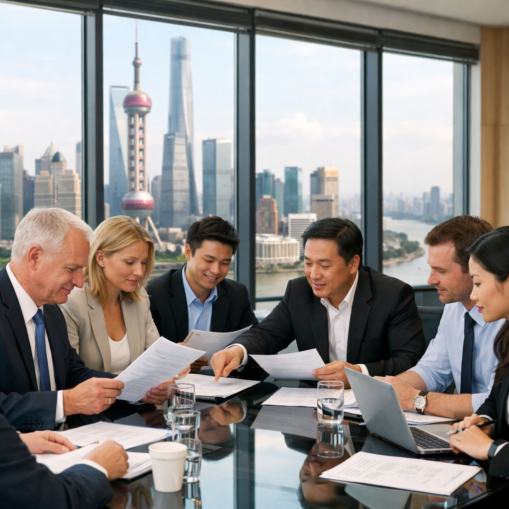 A professional business meeting in a modern Chinese office with floor-to-ceiling windows overlooking Shanghai skyline, foreign executives reviewing legal documents with Chinese partners around a glass conference table, natural lighting, shot with 50mm lens, photo style, highly detailed