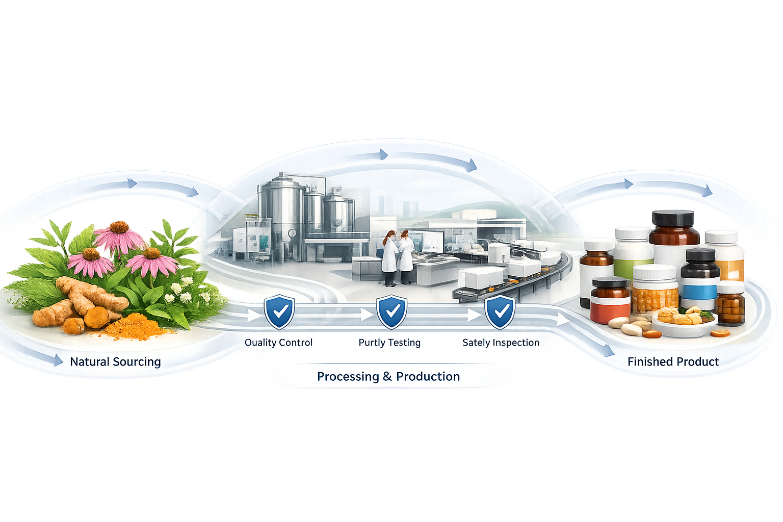 A transparent supply chain visualization showing the journey of supplement ingredients from natural source to finished product, illustrated as a flowing diagram with botanical plants on one end, processing facilities in the middle, and packaged supplements on the other end, connected by clear pathways with quality checkpoints marked along the route, clean modern infographic style, bright professional lighting, high detail, landscape format