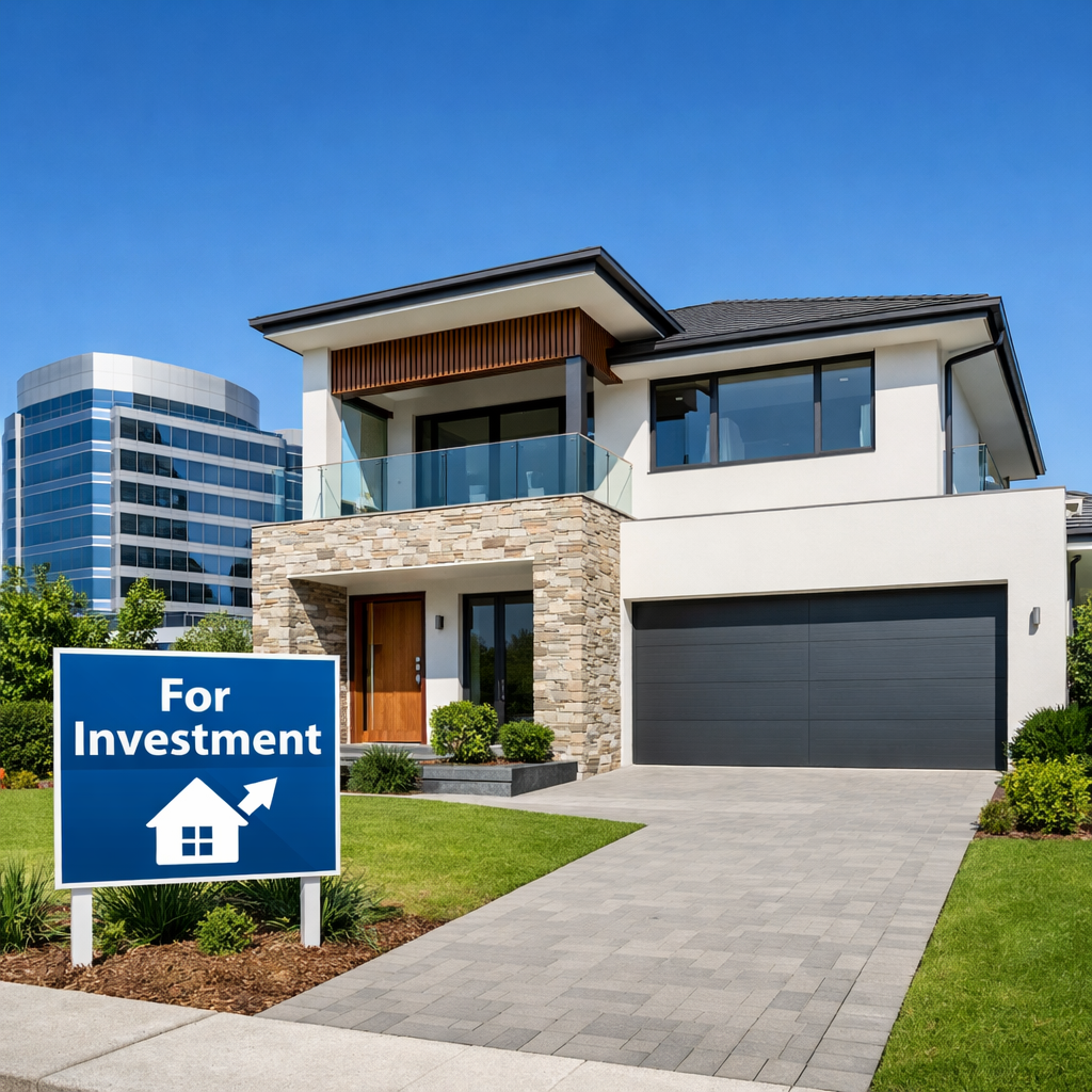 Modern Australian residential property exterior with 'For Investment' signage, commercial real estate building in background, bright daylight, architectural photography, shot with wide-angle lens, f/8 aperture, sharp details, professional real estate photo style, blue sky, clean composition