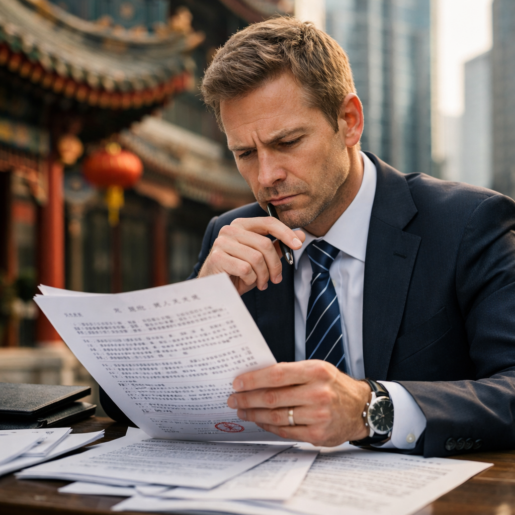 A dramatic business scene showing a Western businessperson examining complex legal documents with Chinese characters, surrounded by traditional Chinese architectural elements and modern office buildings, symbolizing the intersection of foreign business and Chinese regulatory framework. Photo style, shot with 50mm lens, f/2.8, natural lighting, highly detailed, professional business photography.