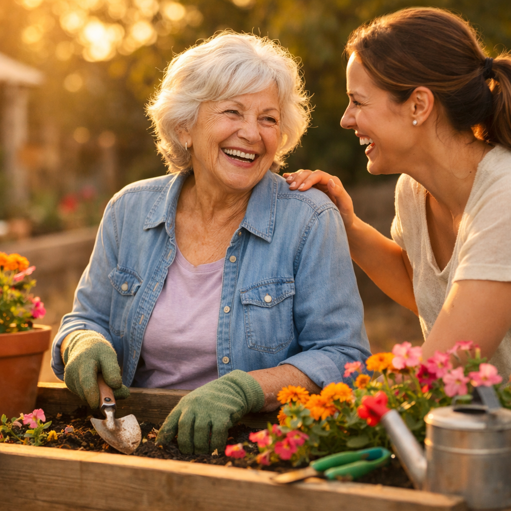 A warm, inviting photo of an elderly woman with silver hair smiling while gardening in her sunlit backyard, being gently assisted by a younger caregiver. Shot with 50mm lens, f/2.8, natural golden hour lighting, shallow depth of field. The scene shows raised garden beds with colorful flowers, gardening tools, and both women laughing together. Photo style, highly detailed, warm tones, capturing genuine connection and independence.