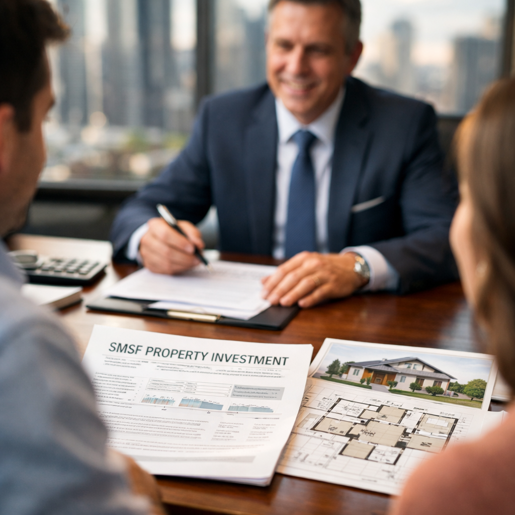 A professional financial advisor sitting across from a couple at a polished wooden desk, reviewing SMSF property investment documents and architectural blueprints of residential properties. Modern office setting with floor-to-ceiling windows showing city skyline. Warm natural lighting from the side, shot with 50mm lens at f/2.8, shallow depth of field focusing on the documents. Photo style, highly detailed, professional business atmosphere.