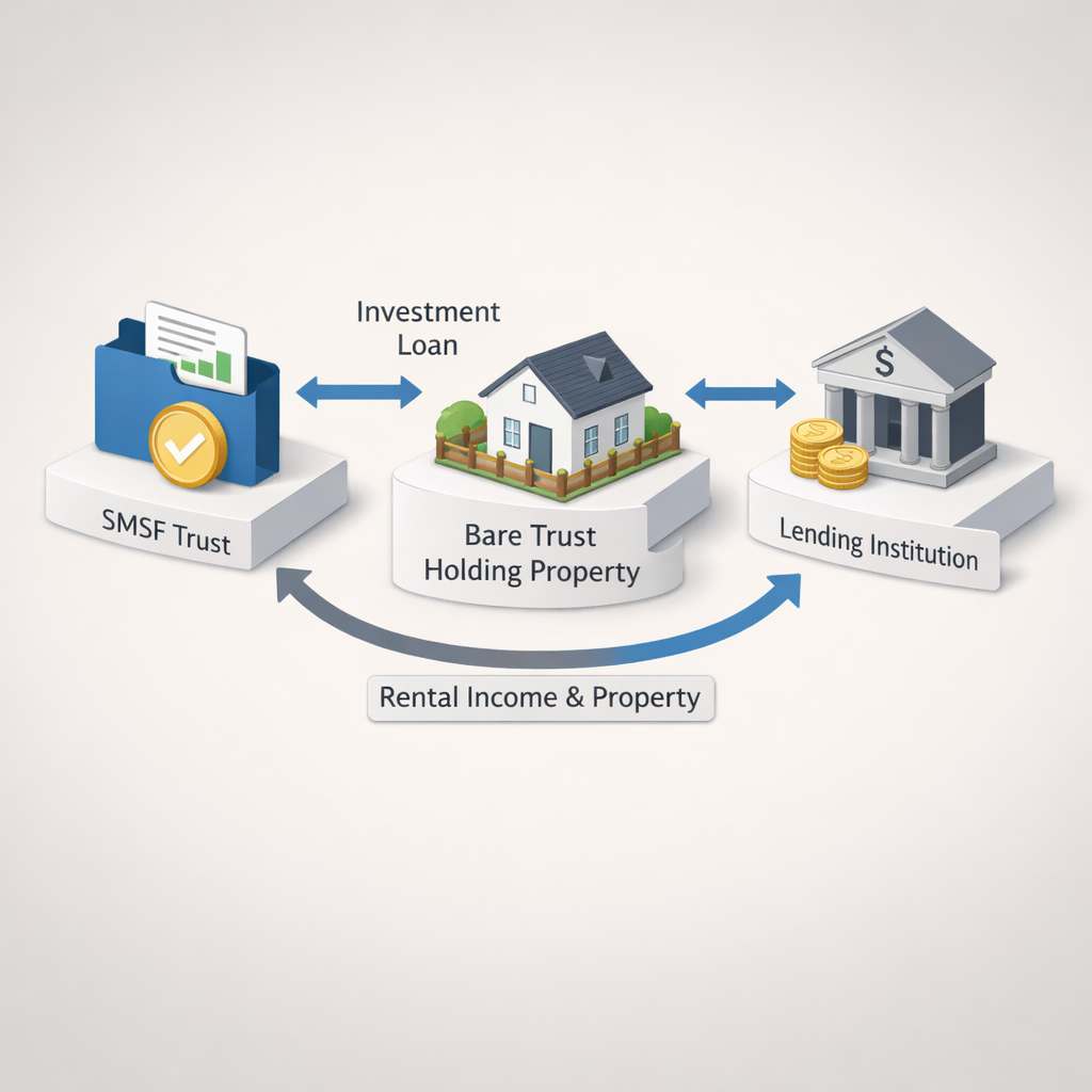 A detailed diagram showing LRBA structure with three connected elements: SMSF trust, bare trust holding property, and lending institution, illustrated with clean lines and professional icons, against a neutral background, isometric view, business infographic style, highly detailed, soft lighting, minimalist design