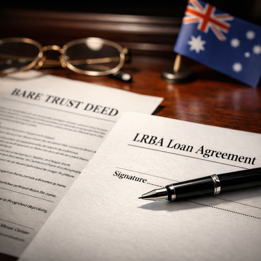 Close-up view of legal documents being signed, showing a bare trust deed and LRBA loan agreement spread on a mahogany desk. A pen rests on the signature line, with reading glasses and a small Australian flag visible in the background. Shot with macro lens, dramatic side lighting creating depth, f/2.8 aperture. High detail on document text and paper texture. Photo style, professional legal documentation scene.
