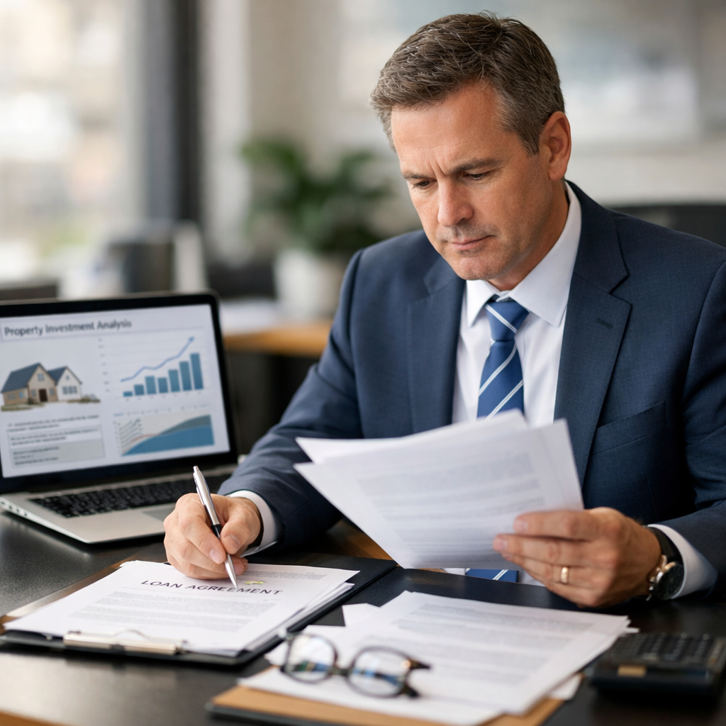 A professional Australian trustee sitting at a modern desk reviewing SMSF legal documents and loan agreements, with a laptop displaying property investment charts, natural office lighting, photo style, shot with 50mm lens, f/2.8, shallow depth of field, highly detailed, business professional atmosphere