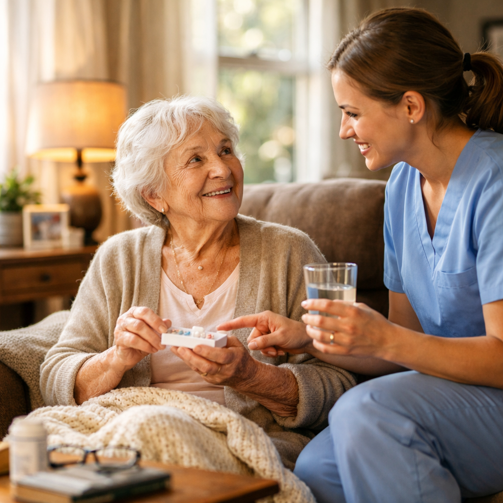 A warm, inviting home interior showing an elderly woman sitting comfortably in a sunlit living room while a professional caregiver assists her with daily activities, shot with 50mm lens, f/2.8, natural window lighting, soft warm tones, photo style, Canon EOS R5, highly detailed, cozy atmosphere