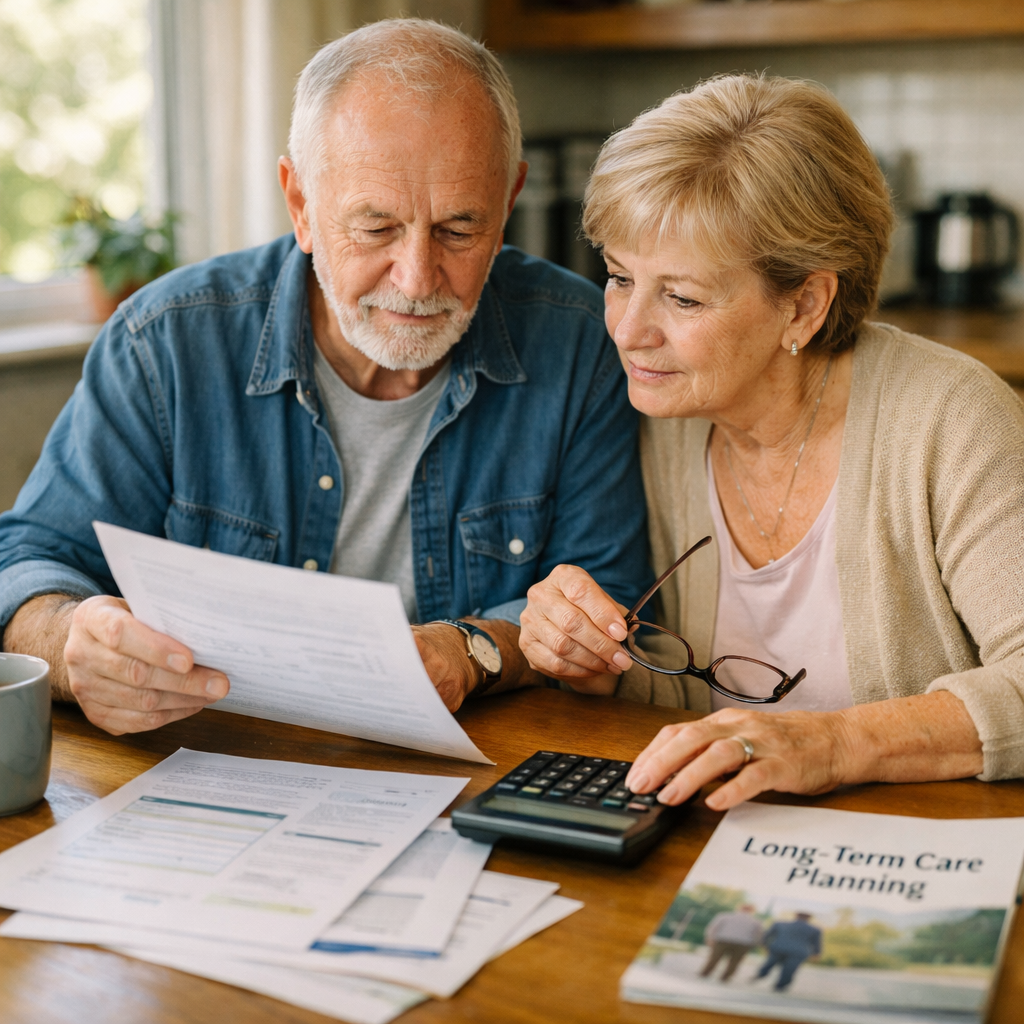 An elderly couple reviewing financial documents together at a kitchen table with a calculator and care planning materials, natural daylight from window, shot with 35mm lens, shallow depth of field, warm and hopeful atmosphere, photo style, realistic home setting, highly detailed