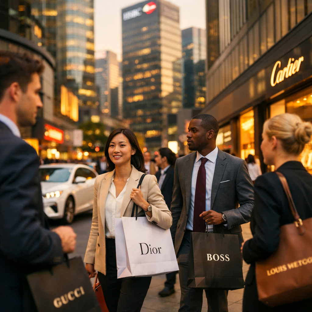 A bustling modern Chinese city street scene during golden hour, showing well-dressed business professionals walking past luxury retail storefronts and contemporary office buildings. Shot with 35mm lens, f/2.8 aperture, natural warm lighting, shallow depth of field. In the foreground, diverse international businesspeople in professional attire carry branded shopping bags, while modern electric vehicles pass by on clean streets. Background shows gleaming skyscrapers with company logos. High detail, professional photography style, vibrant urban atmosphere, sharp focus on foreground subjects with bokeh effect on background. Photo style, DSLR camera, warm color tones, dynamic composition capturing the energy of commercial activity.