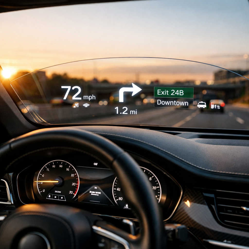 A modern luxury car dashboard with a curved transparent display seamlessly integrated into the windshield area, showing a head-up display (HUD) projecting speed and navigation information. The transparent flexible PCB circuits are invisible, allowing a clean view through the glass. Shot from the driver's perspective with a 35mm lens, natural interior lighting during golden hour, emphasizing the futuristic integration of electronics into automotive glass. Photo style, high contrast, professional automotive photography.