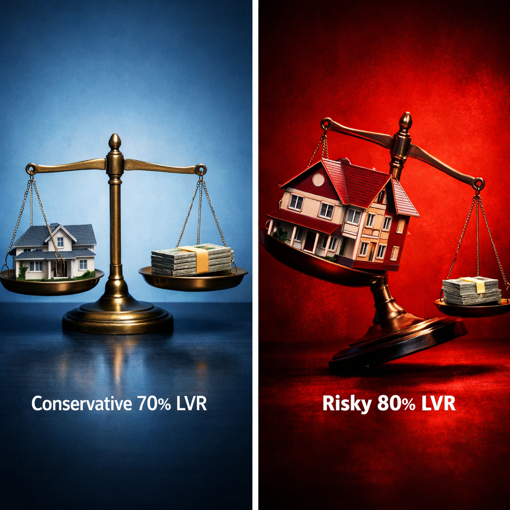 A conceptual split-screen image showing two scenarios: left side displays a balanced scale with property model and cash representing conservative 70% LVR with calm blue tones, right side shows tilted scale with larger property and smaller cash representing risky 80% LVR with warning red tones, photo style, shot with 35mm lens, dramatic lighting, high contrast, professional financial concept photography