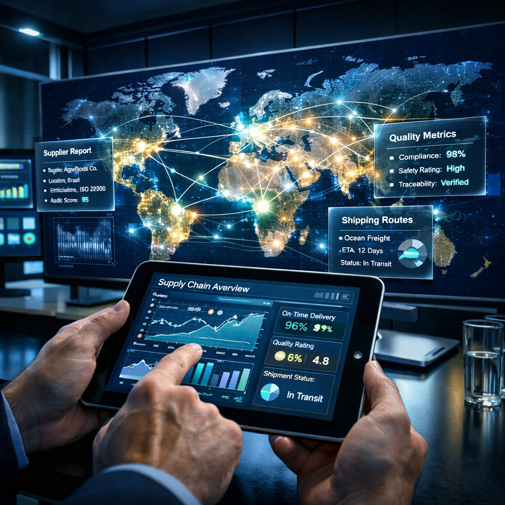 A sophisticated supply chain network visualization showing interconnected nodes and pathways representing global ingredient sourcing. The image features a world map with illuminated connection lines linking various continents, overlaid with transparent holographic displays showing supplier information, quality metrics, and shipping routes. In the foreground, hands interact with a tablet displaying real-time supply chain analytics. Modern office environment with large monitors showing data dashboards. Cool blue and green accent lighting, professional corporate setting. Shot with wide-angle lens, high contrast, photo style.