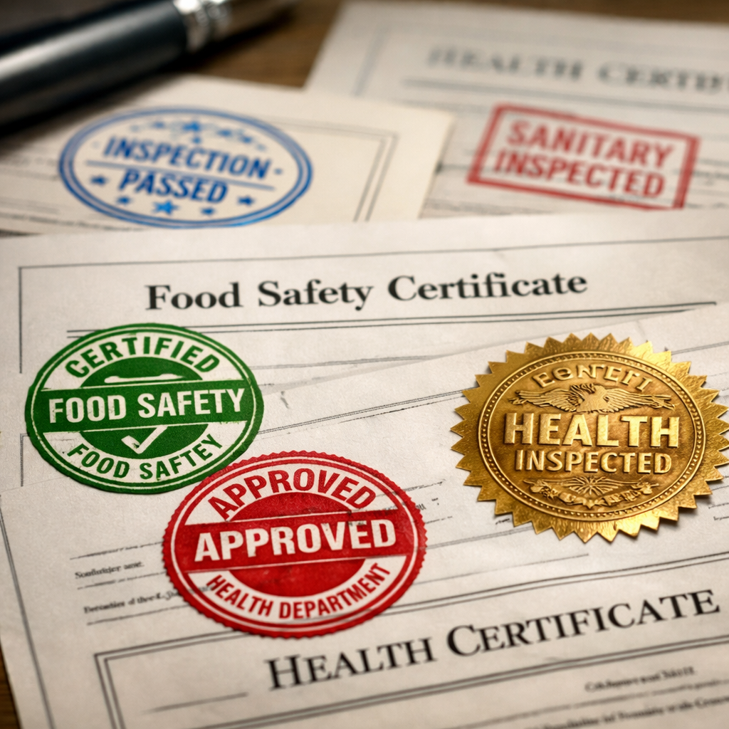 Close-up photo of official food safety certification documents and health certificates laid out on a desk with stamps and seals visible, shot with macro lens, soft lighting, highly detailed, showing the intricate details of regulatory paperwork, shallow depth of field focusing on certification stamps