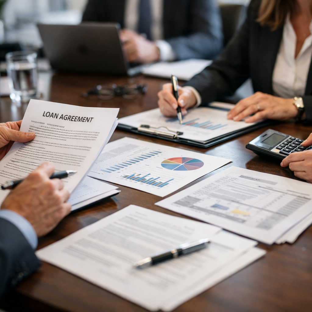 A professional business meeting scene showing SMSF trustees reviewing detailed loan documentation and financial charts on a large conference table, photo style, shot with 50mm lens, natural office lighting, shallow depth of field, modern corporate environment, highly detailed paperwork visible, serious and focused atmosphere, Canon EOS R5, f/2.8