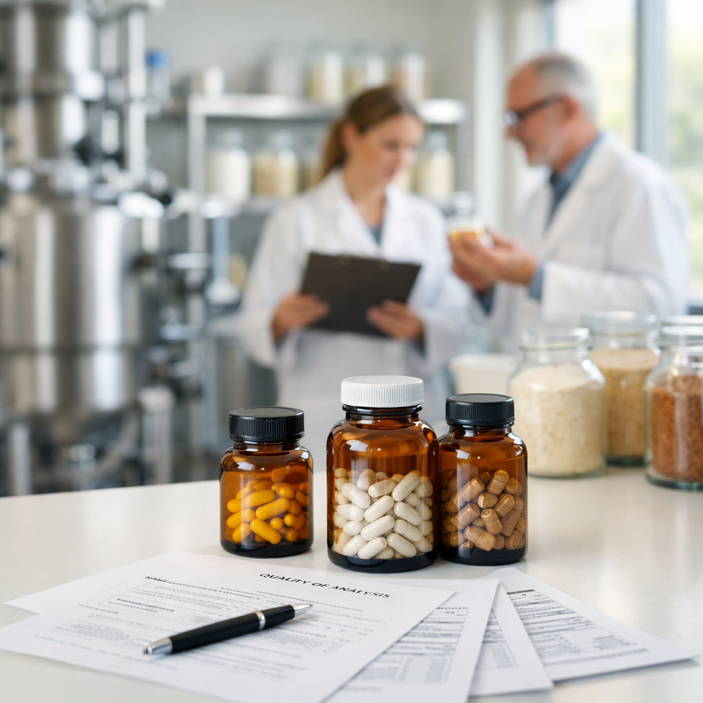 A modern pharmaceutical laboratory with stainless steel equipment and glass containers filled with various powdered ingredients in white, beige, and amber colors. Scientists in white lab coats examine quality control documents and ingredient samples. Natural lighting streams through large windows, creating a clean, professional atmosphere. The foreground shows amber glass bottles with supplements and certificates of analysis spread across a pristine white counter. Shot with 50mm lens, f/2.8, shallow depth of field, photo style.