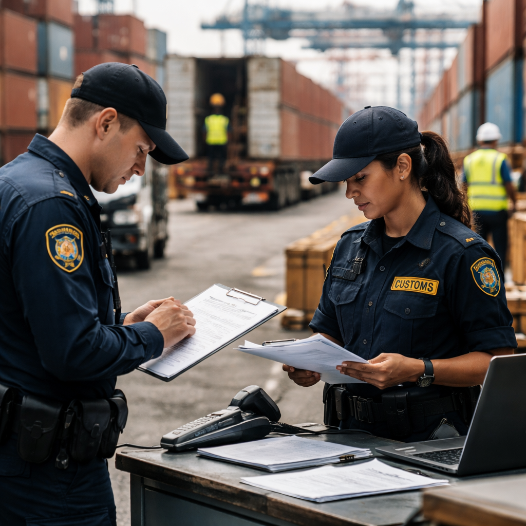 A detailed photo of international shipping containers at a busy port terminal, with customs inspection officials examining documentation at a checkpoint, shot with 50mm lens, natural lighting, shallow depth of field, high contrast, capturing the complexity of global trade logistics