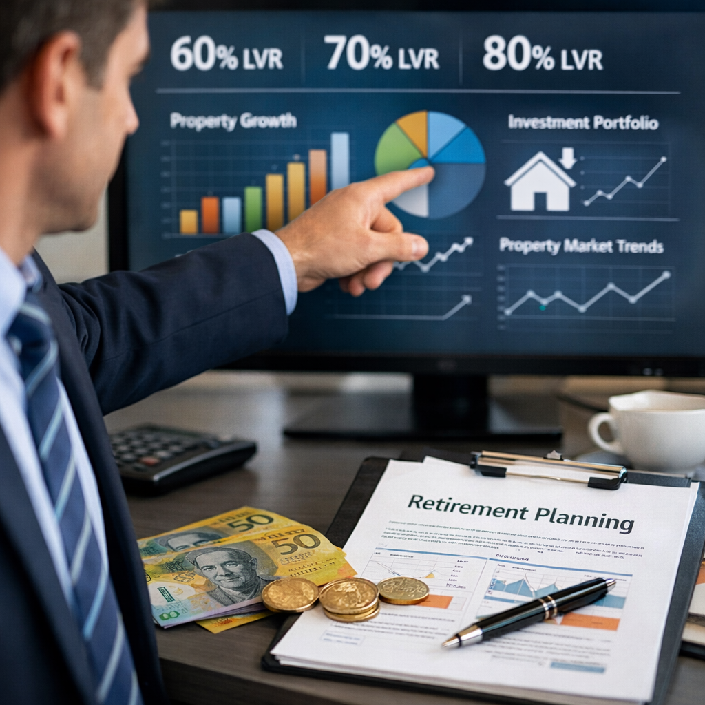 A professional financial advisor pointing at a digital screen displaying various LVR percentages and property investment charts, with Australian dollar symbols and retirement planning documents on a modern desk, photo style, shot with 50mm lens, f/2.8, natural office lighting, business photography, highly detailed, shallow depth of field