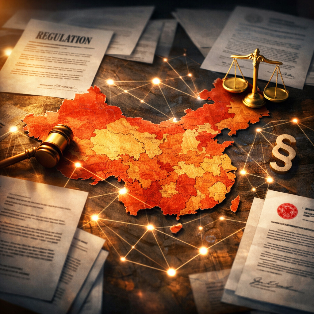 A detailed map of China overlaid with translucent regulatory documents, legal symbols, and interconnected network nodes, shot in photo style with dramatic lighting, shallow depth of field, professional business photography