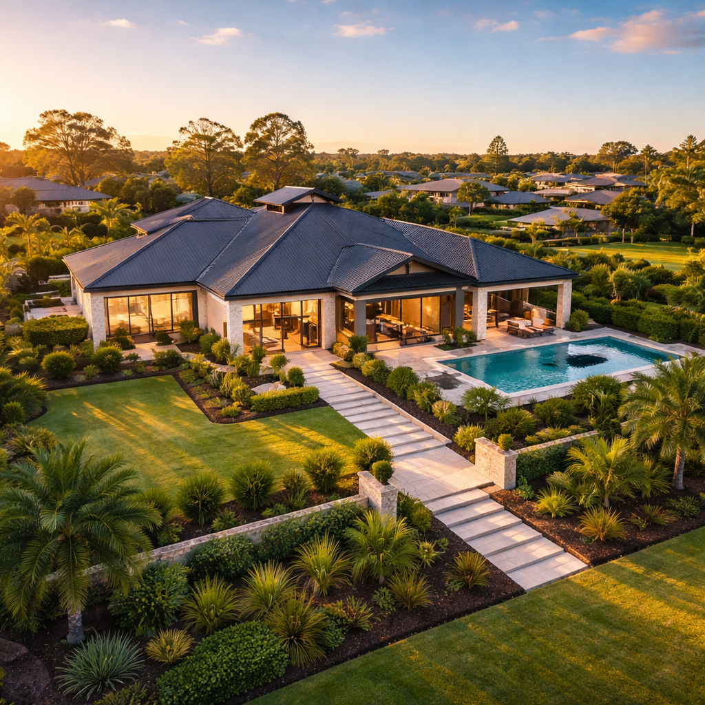 An aerial view of a residential investment property with clear blue sky, showing a well-maintained house with modern architecture surrounded by landscaped gardens, representing successful SMSF property investment, golden hour lighting, photo style, shot with wide-angle lens, high detail, professional real estate photography style