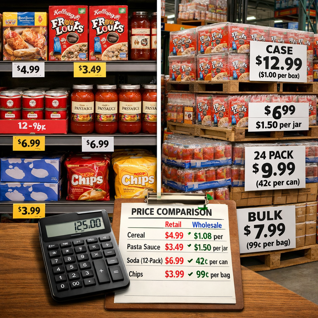 A split comparison scene showing two shopping scenarios side by side. On the left, a retail grocery store shelf with individual products and price tags showing higher prices. On the right, a wholesale warehouse section with the same products in bulk cases and pallets with significantly lower per-unit pricing. A calculator and price comparison chart visible in the center. Shot with 50mm lens, f/4, even lighting, sharp focus, photo style, detailed product labels