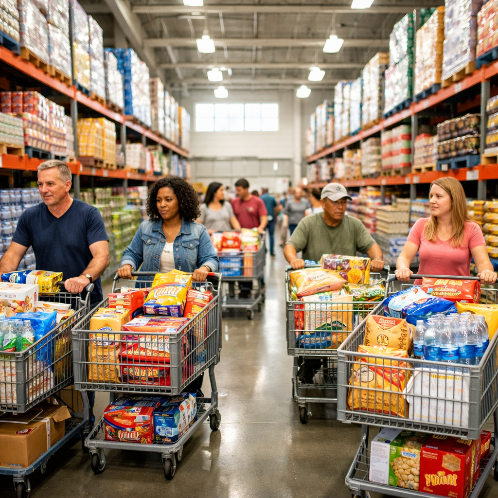 A bright, modern warehouse interior with wide aisles stocked with tall shelves of bulk food products. In the foreground, a diverse group of everyday shoppers push industrial-sized shopping carts filled with large cases and packages. Natural light streams through high windows, illuminating pallets of products. Shot with wide-angle lens, f/2.8, bright commercial lighting, photo style, highly detailed